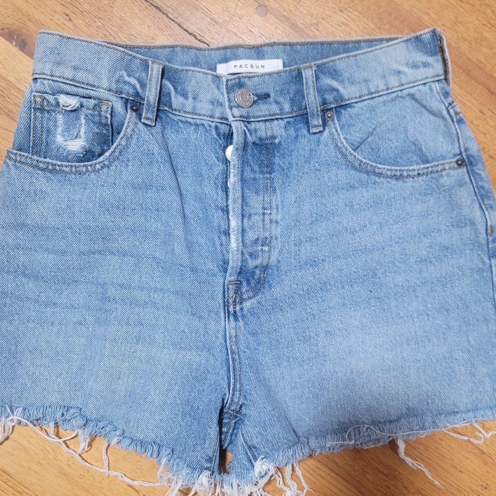PACSUN Softworn High Rise Icon Denim Shorts Frayed Hem Blue Size 27 Button Fly